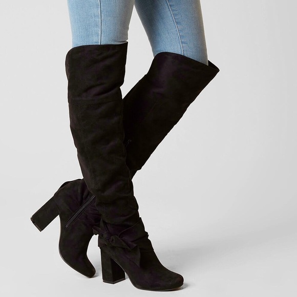 Black Over The Knee Oversize Bow Slouchy Boots - Picture 1 of 5